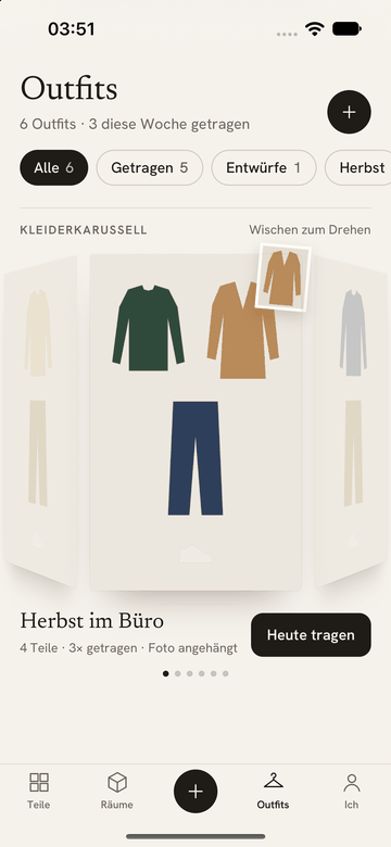 Das Kleiderkarussell mit zusammengestellten Outfits.