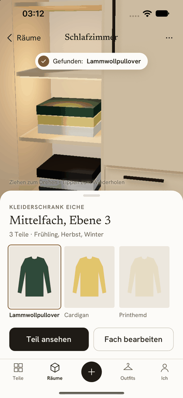 Der 3D-Schrank zeigt das Fach, in dem der gesuchte Lammwollpullover liegt.