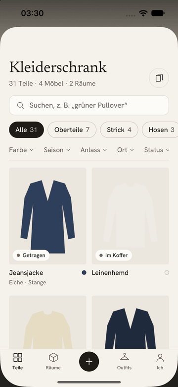 Die Kleiderschrank-Übersicht mit freigestellten Teilen, Suche und Filtern.